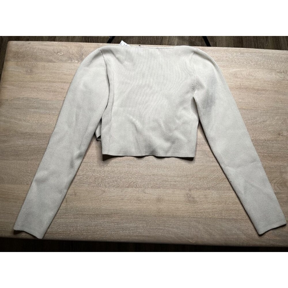 Ten by Babaton NWT Sculpt Knit Greek Longsleeve Cropped Crisscross Matte Pearl L - Picture 6 of 8